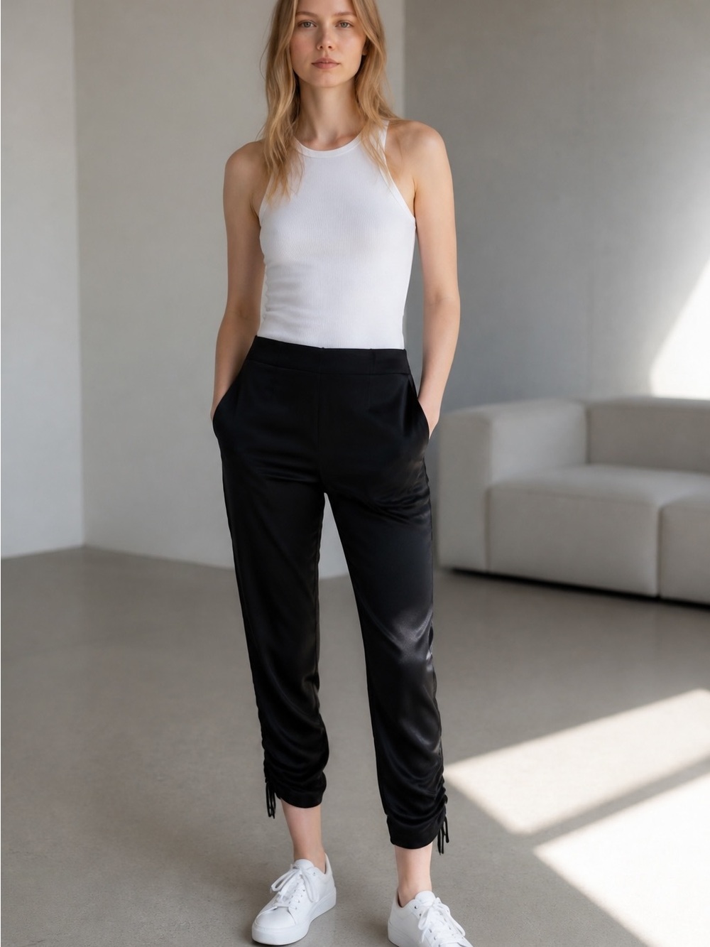 Donna Karan collection black label Black silk  Drawstring Hem Jogger